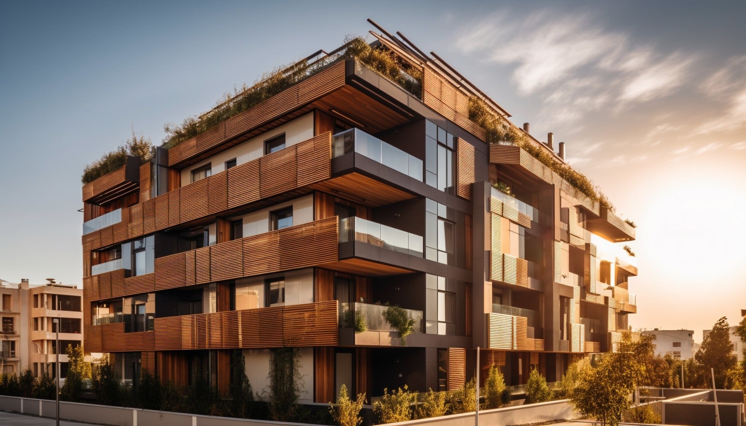 Completed residential building with timber-clad balconies